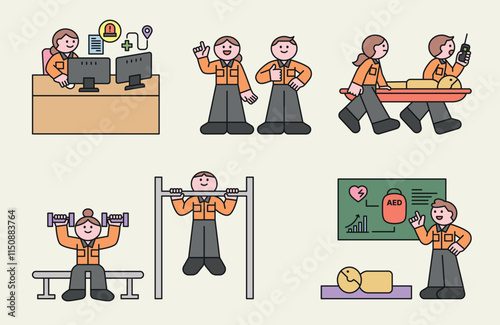 Fire department paramedic's job. Call center, training, physical training, stretcher, defibrillator. Cuttiny character with outline.