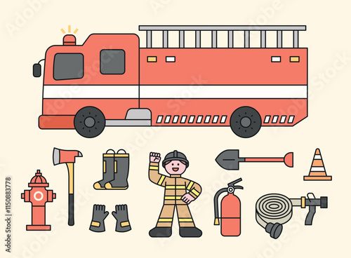 Fire truck and firefighter characters. A collection of various fire station equipment. Cuttiny character with outline.