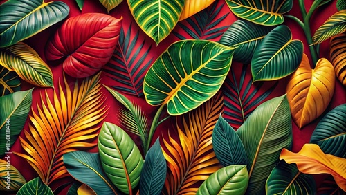 Wallpaper Mural Vibrant Tropical Foliage Arranged on a Rich Red Background, Showcasing a Variety of Exotic Leaf Shapes and Colors Torontodigital.ca