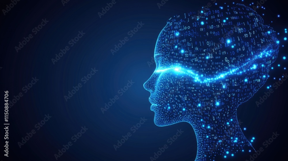 Obraz premium Digital Human Profile With Data Stream And Binary Code Elements