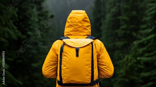 Into the Wilderness: A lone hiker, clad in a vibrant yellow raincoat and carrying a backpack, disappears into the verdant depths of a misty forest, embarking on a journey into the unknown.  photo