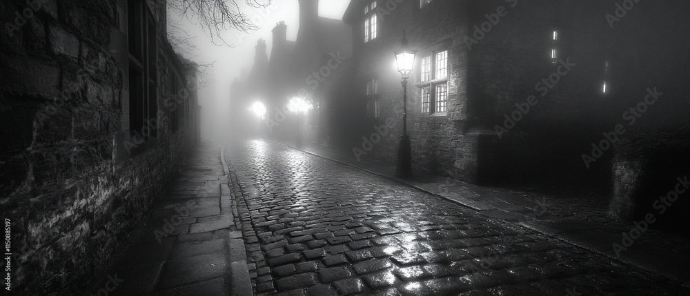 Foggy cobblestone street at night with lampposts.