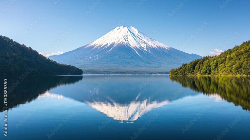 Serene nature concept. A stunning view of a snow-capped mountain reflecting in a serene lake under a clear sky.
