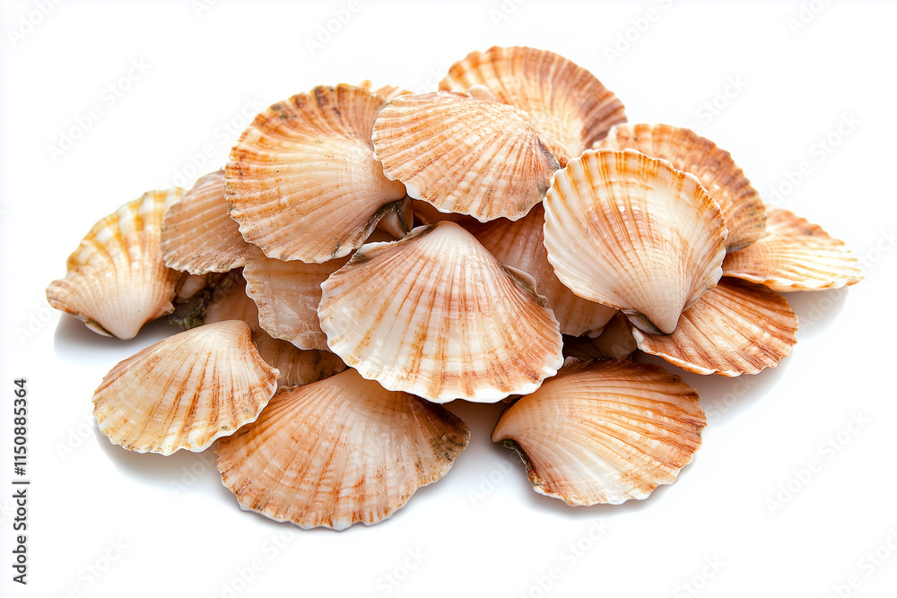 Pile of Fresh Scallops Displayed on White Background Pile of Fresh Scallops Displayed on White Background