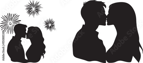 Silhouette of a couple sharing a kiss under fireworks, New Year's Eve celebration vector silhouette