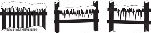 Silhouette of a snow-covered fence line with icicles hanging vector silhouette