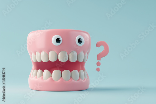 3D Cartoon Dentures with Question Mark Symbolizing Dental Care