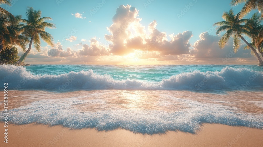 Obraz premium Sunset beach scene; palm trees, ocean waves.