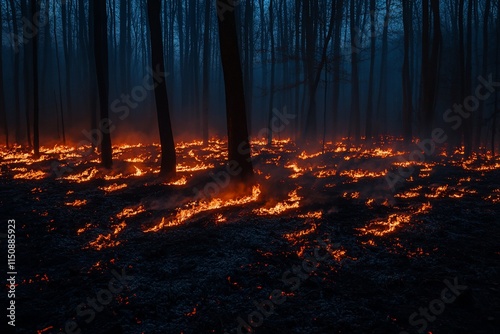 Forest fire burning at night. (4) photo