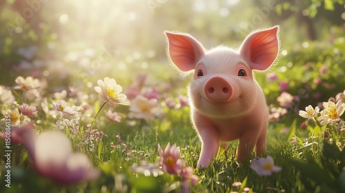 Wallpaper Mural Adorable piglet frolics in vibrant meadow surrounded by blooming flowers Torontodigital.ca