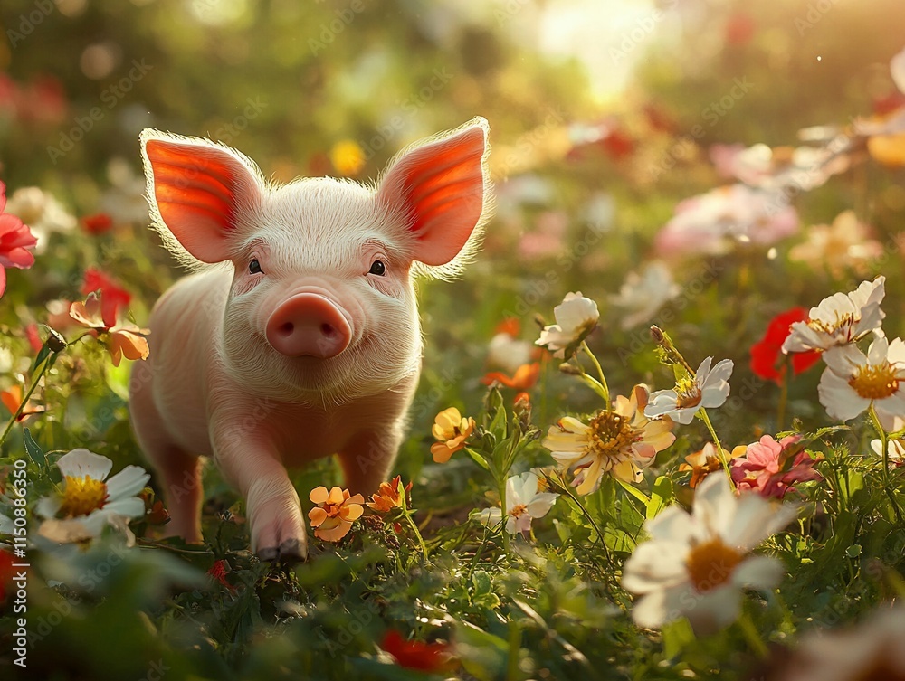 Adorable piglet frolics in vibrant meadow surrounded by blooming flowers Adorable piglet frolics in vibrant meadow surrounded by blooming flowers