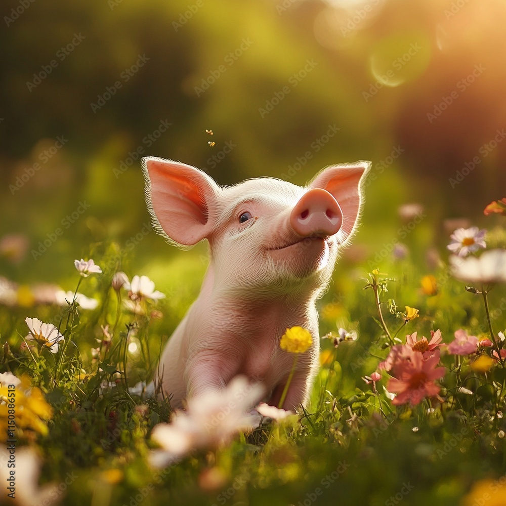 Adorable piglet frolics in vibrant meadow surrounded by blooming flowers Adorable piglet frolics in vibrant meadow surrounded by blooming flowers