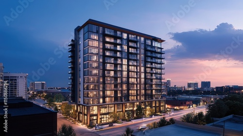 Modern high-rise apartment building at dusk, city skyline in background. (1)