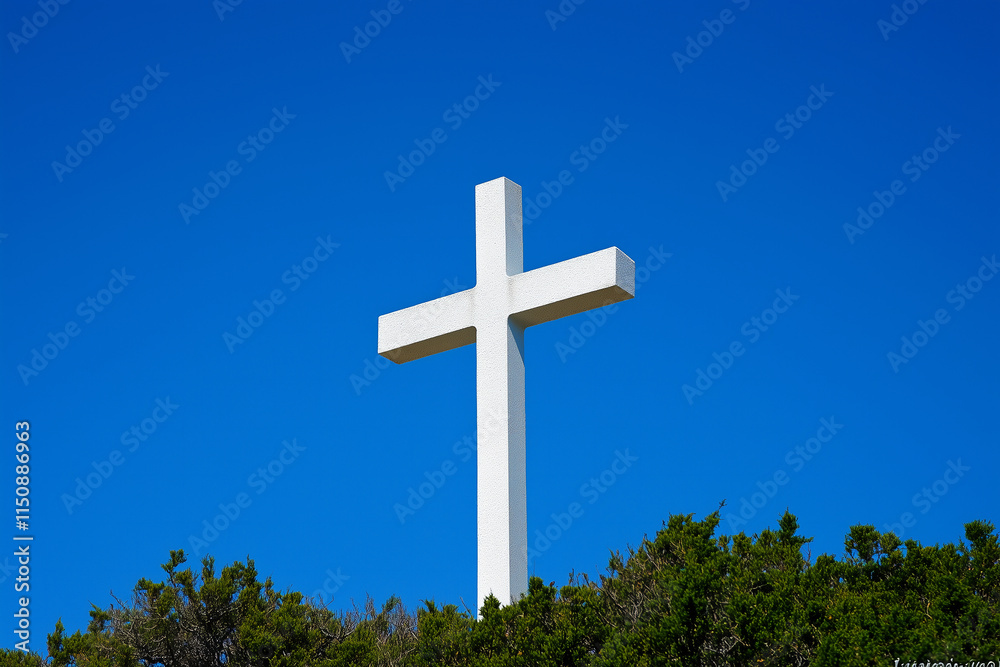 White Christian Cross on a Hill Against Clear Blue Sky White Christian Cross on a Hill Against Clear Blue Sky