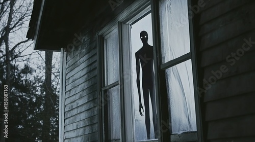 Mysterious long thin figure resembling Slenderman peering through a house window at night. Eerie, suspenseful, and atmospheric depiction of a surreal and unsettling moment, evoking themes of fear, mys