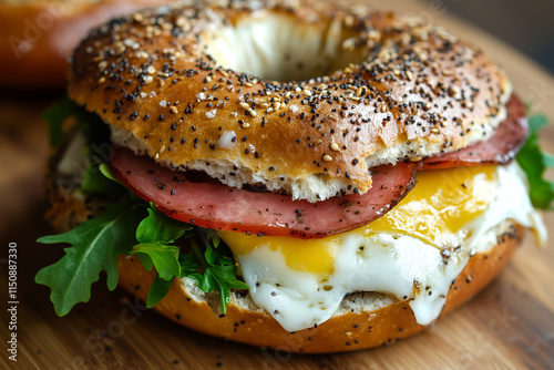 Gourmet Bagel Sandwich with Ham, Egg, and Greens