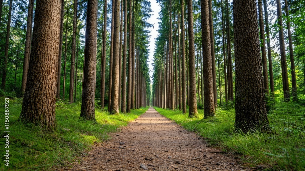 Serene nature concept. A serene forest path lined with tall trees, inviting exploration and tranquility in nature. Serene nature concept. A serene forest path lined with tall trees, inviting exploration and tranquility in nature.