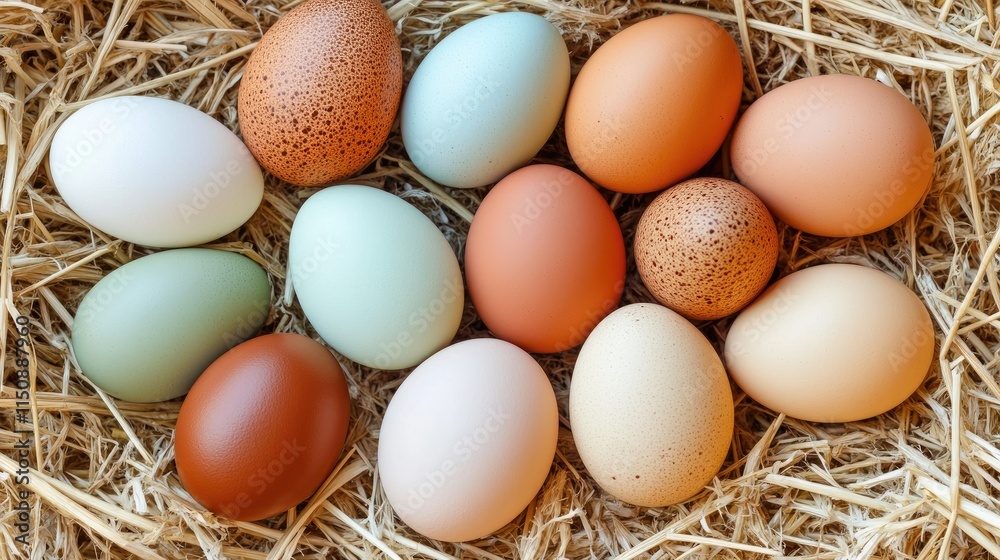 Variety of Colorful Eggs Arranged on Natural Straw Bedding Variety of Colorful Eggs Arranged on Natural Straw Bedding