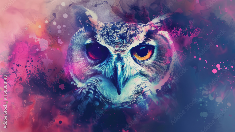 Abstract Owl Portrait with Vibrant Paint Splashes Abstract Owl Portrait with Vibrant Paint Splashes