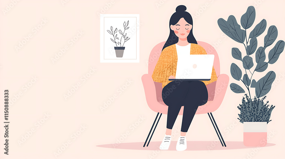 Fototapeta premium A woman is sitting in a chair with a laptop on her lap