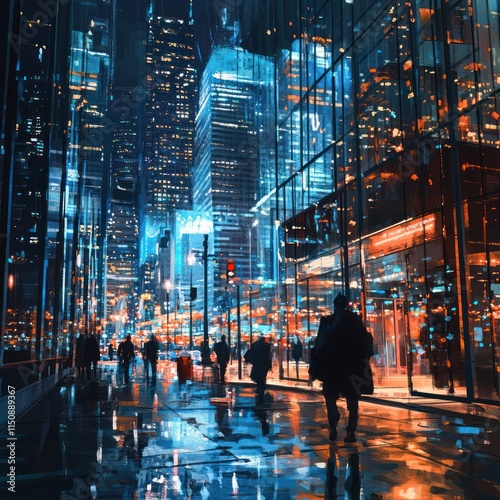 Wallpaper Mural Night city street, rain reflecting lights, people walking. Torontodigital.ca