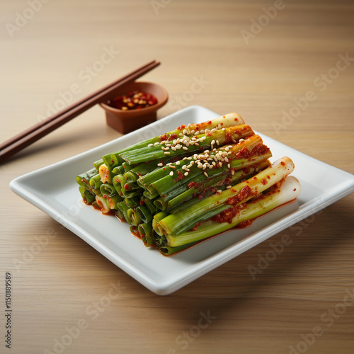 Spicy Korean Green Onion Kimchi on Plate