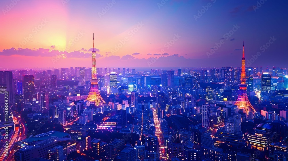 Fototapeta premium Tokyo Skyline at Twilight, Illuminated Towers and City Lights
