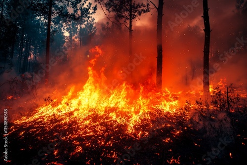 Intense wildfire burning through a forest at night. (1) photo