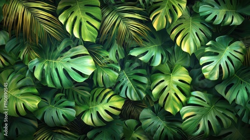 Wallpaper Mural Greenery palms idea. A vibrant collection of lush green monstera leaves for tropical decor. Torontodigital.ca