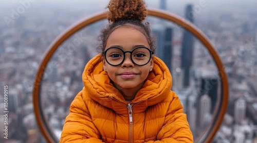 Urban Explorer: A young girl with a confident smile, wearing glasses and an orange puffer jacket, stands framed by a large circular structure overlooking a sprawling cityscape.   photo