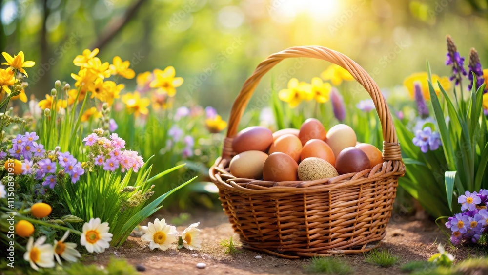 Easter basket filled with brown eggs and spring flowers in a garden setting, garden, brown eggs, garden,brown eggs Easter basket filled with brown eggs and spring flowers in a garden setting, garden, brown eggs, garden,brown eggs