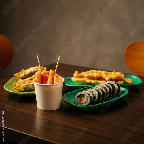 Korean Street Food Plate with Tteokbokki and Gimbap