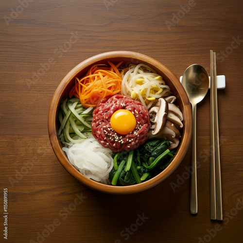 Korean Beef Tartare Bibimbap with Fresh Vegetables