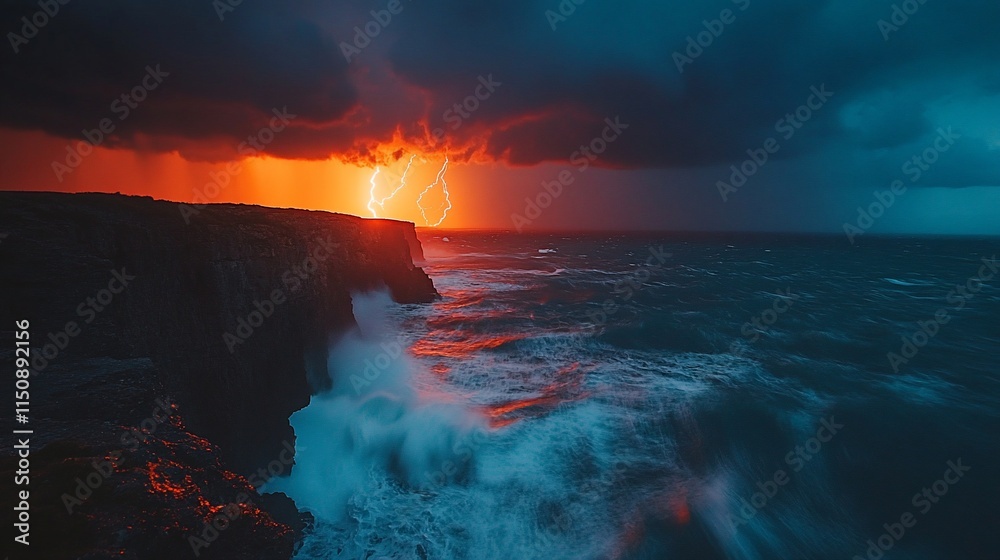 Fototapeta premium Lightning strike over ocean cliff at sunset.