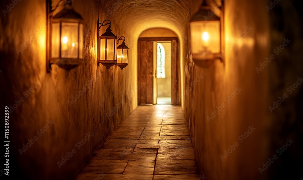 Lit hallway with lanterns leads to open door. Lit hallway with lanterns leads to open door.