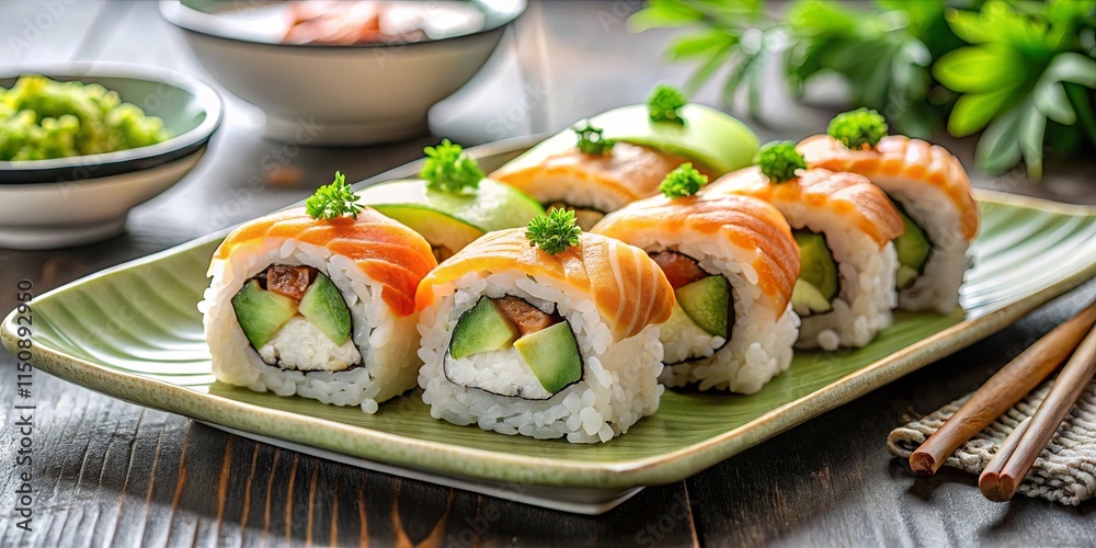 Delicious salmon and avocado sushi rolls arranged on a vibrant green plate Delicious salmon and avocado sushi rolls arranged on a vibrant green plate