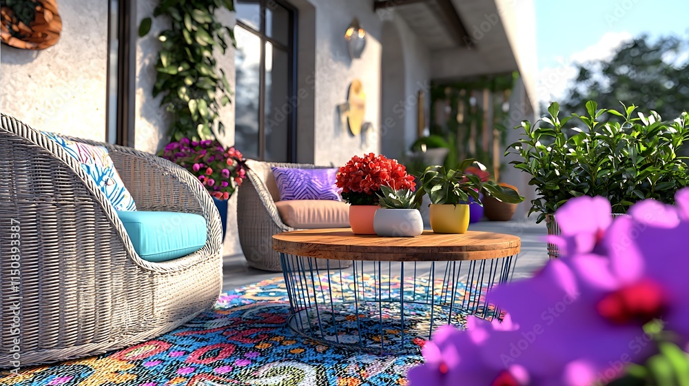 Obraz premium Colorful Patio Furniture With Vibrant Plants And Rug