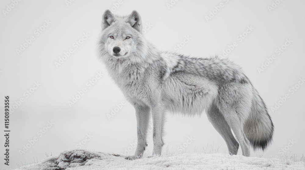 Obraz premium Majestic arctic wolf standing on snowy hill in winter.