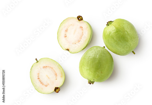 Flat lay of guava fruit with cut in half isolated on white background. Clipping path. photo