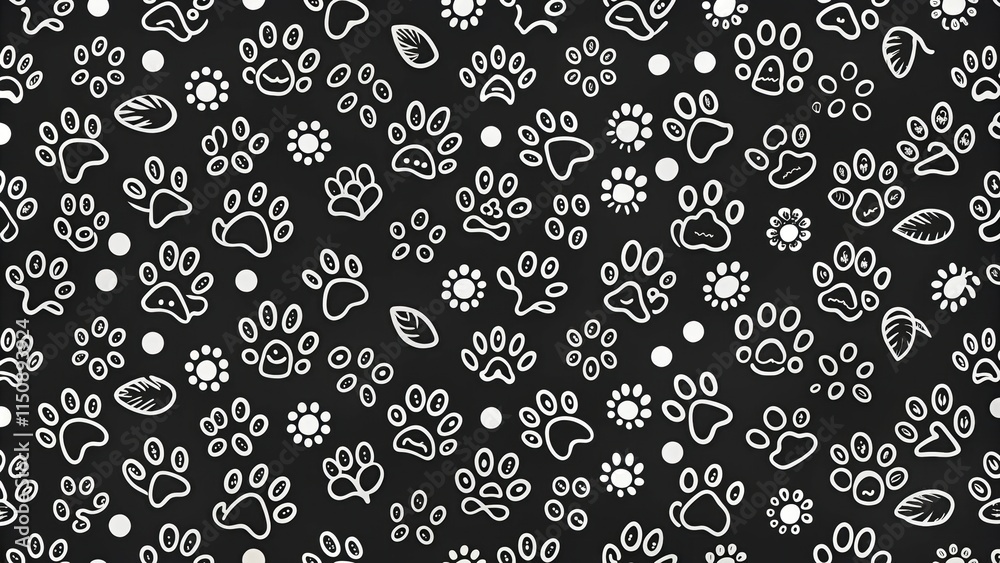 Black Doodle Paw Print Seamless Pattern Background with Crisp Lines and Simple Shapes