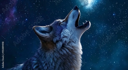 A wolf howls under the starry sky, its fur shimmering in silver and gray hues against the backdrop of an endless night sky. photo