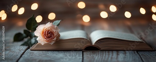 Minimal rose concept. A beautiful open book with a rose resting beside it, surrounded by soft glowing lights.