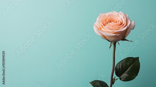 Minimal rose idea. A beautiful peach rose on a turquoise background showcasing elegance and natural beauty.