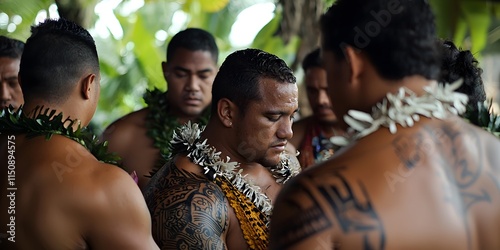 Samoan men in cultural dress, standing in a tropical environment, proudly showcasing their rich heritage and traditions.