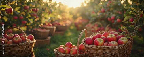 Apples orchard concept. Baskets filled with fresh apples in a sunlit orchard at harvest time. photo