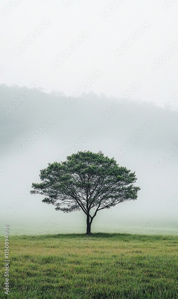Lone tree in misty field.