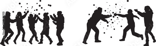 Silhouette of a group of people having a snowball fight,  winter vector silhouette
