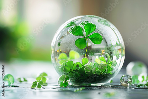 Earth Day Concept Delicate Green Clover Plant Growing Inside Glass Sphere on Blurred Background