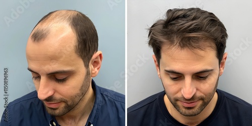 a man before a hair transplant before hardly any hair on his head and after picture with full thick hair front view cosmetic surgery