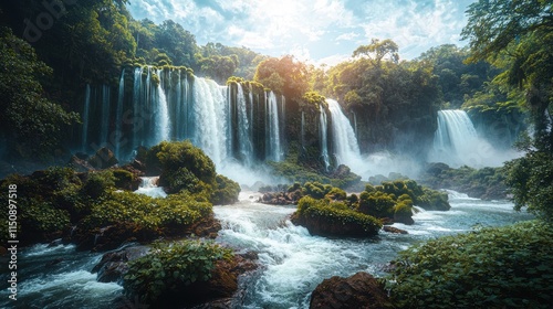 A beautiful waterfall surrounded by lush green trees. Generative AI